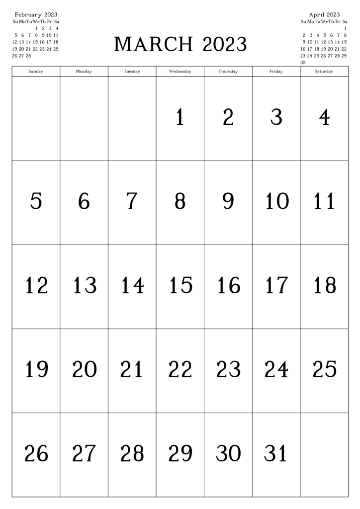 March 2023 Calendar A4
