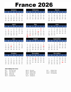 Printable Calendar 2026 France