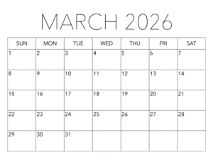March Calendar 2026 with Notes