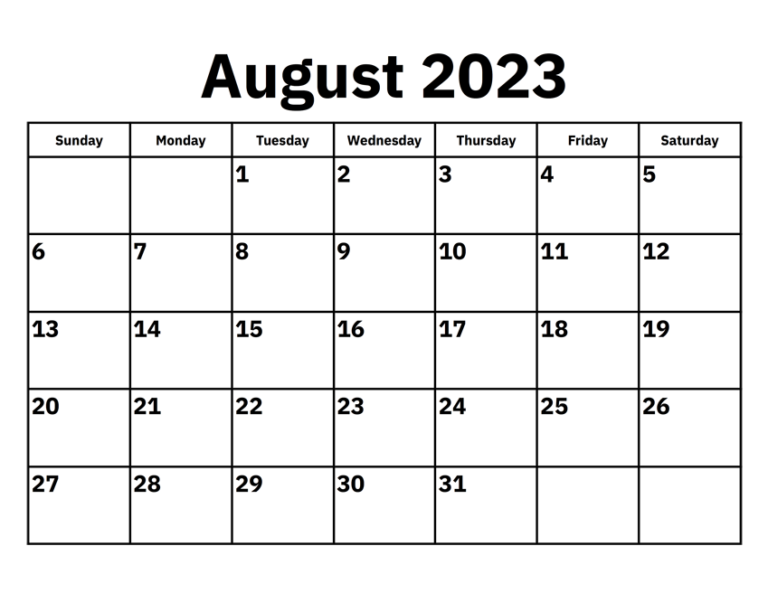 Printable Free Blank August 2023 Calendar Template PDF 