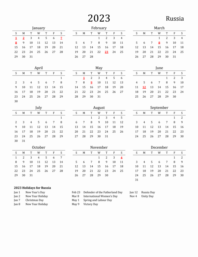 Russia Calendar 2023 with Holidays