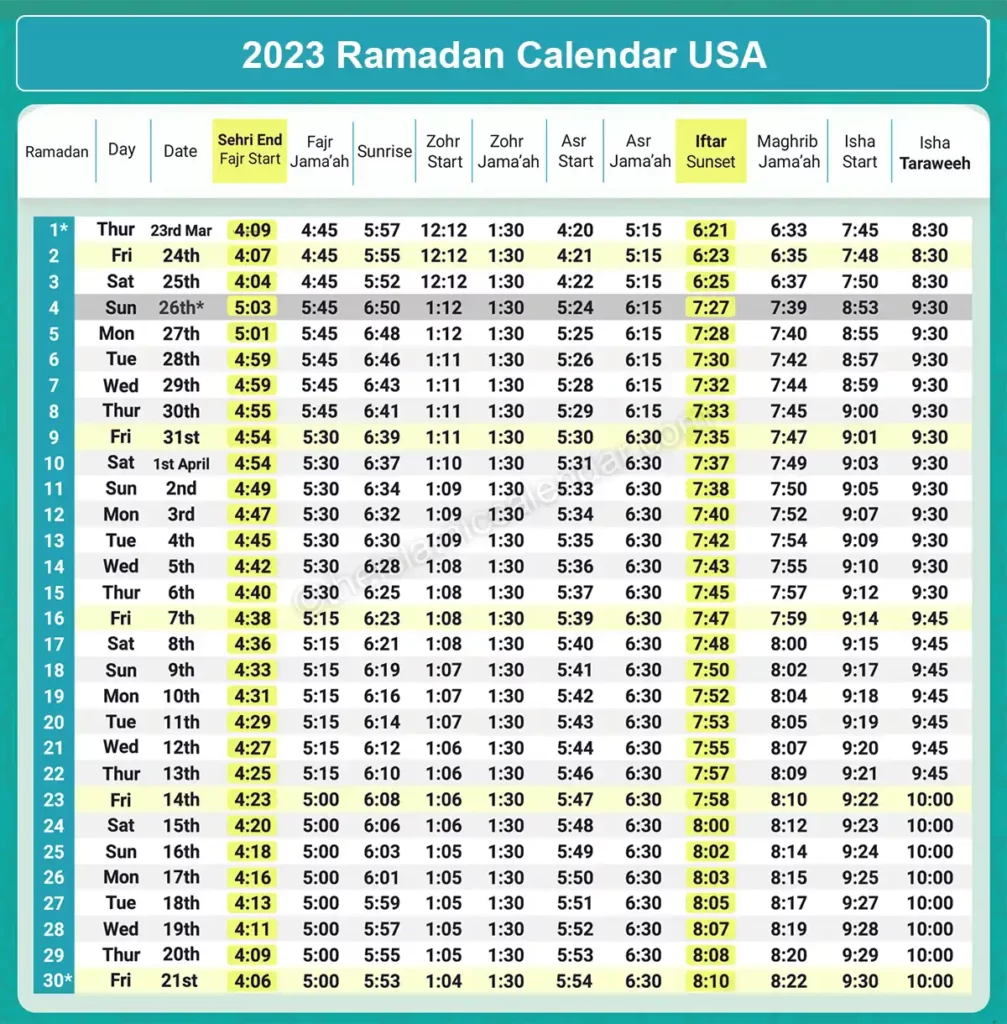 Printable Ramadan Calendar 2023 With Prayer Times Ramzan 1445 