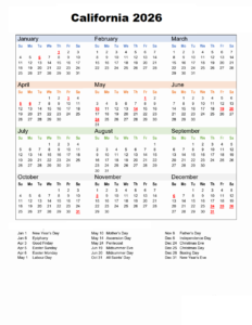 California 2026 Calendar With Holiday