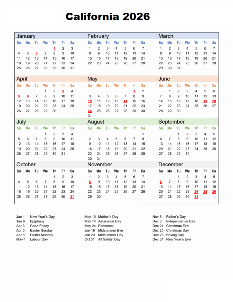 California 2026 Calendar With Holiday
