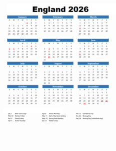 England 2026 Calendar