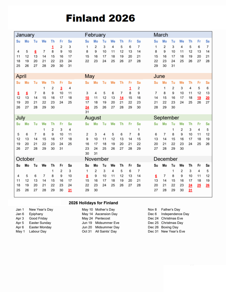 Finland 2026 Calendar