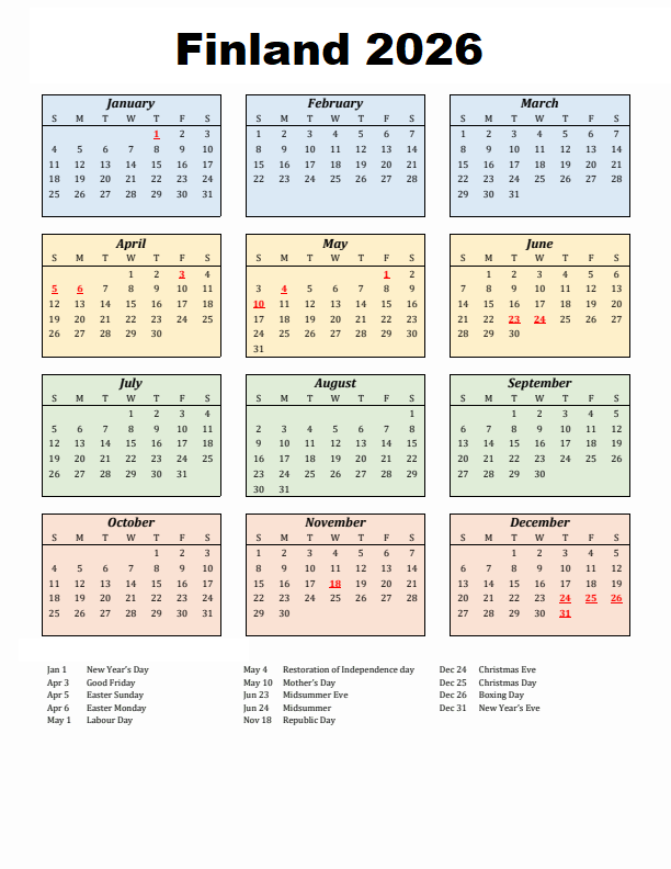 Finland 2026 Calendar Printable