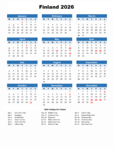 Finland 2026 Calendar with Holidays