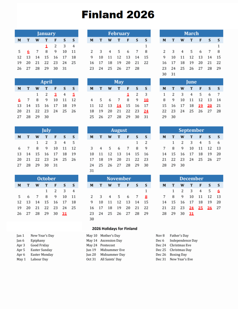 Finland 2026 Calendar with Holidays