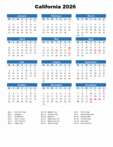 Public Holidays in California 2026