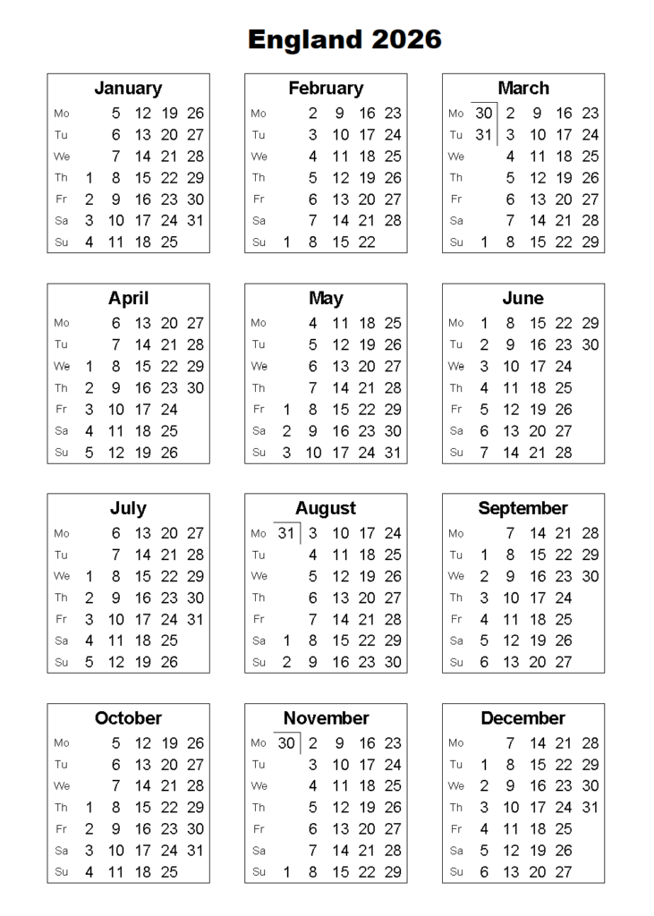 Public Holidays in England 2026