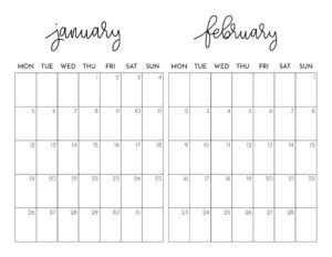 2 Months Calendar January February 2026