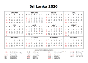 Annual Calendar 2026 Sri Lanka