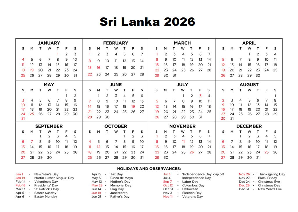 Annual Calendar 2026 Sri Lanka