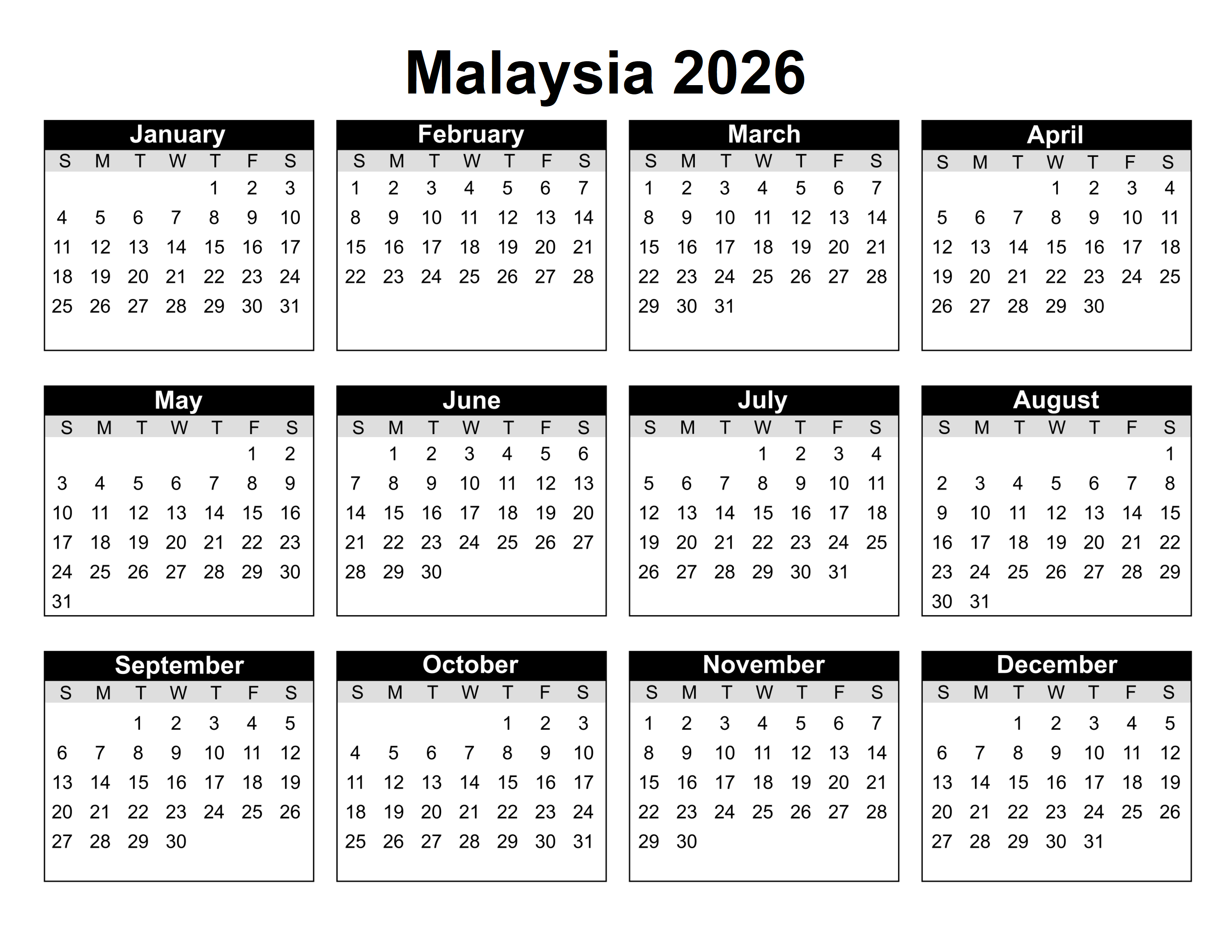 Printable free malaysia 2026 calendar with holidays [pdf]