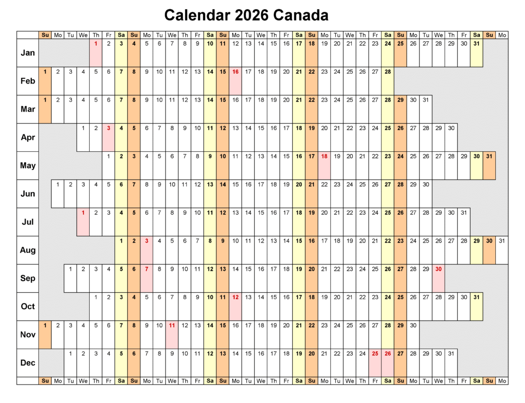 Canada 2026 Calendar With Holidays