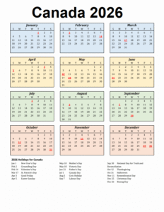 Canada 2026 Printable Calendar