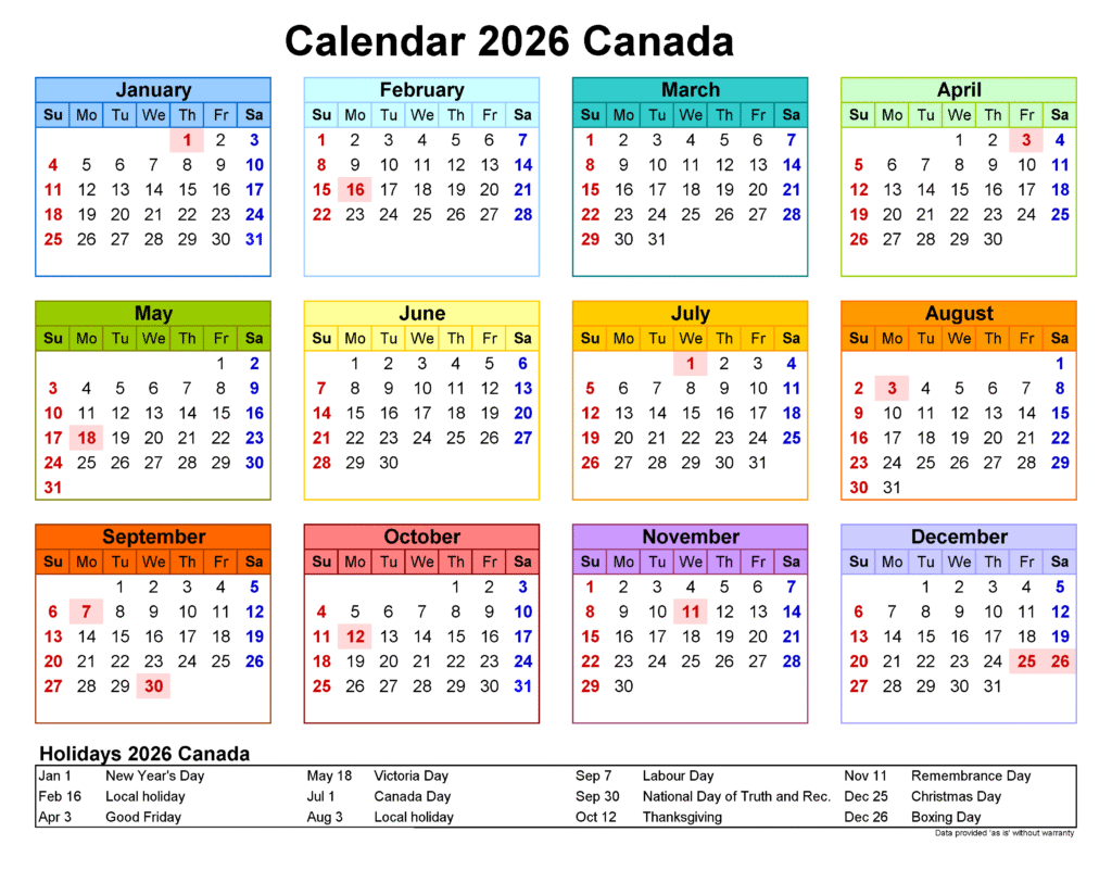 Canada 2026 Public Holidays Calendar