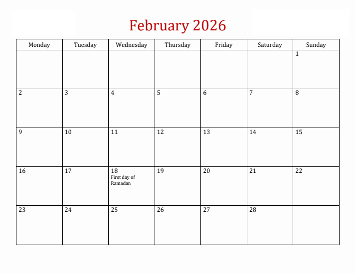 February 2026 Calendar Printable