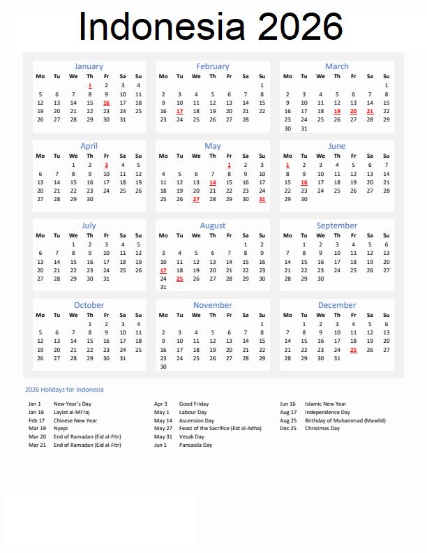 Indonesia 2026 Calendar With Holidays