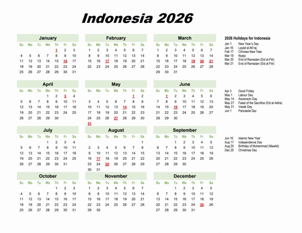 Indonesia 2026 Calendar