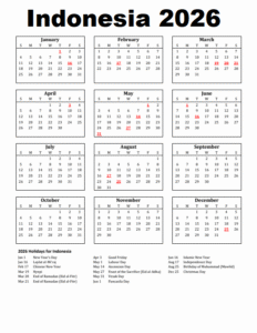 Indonesia 2026 Calendar Printable