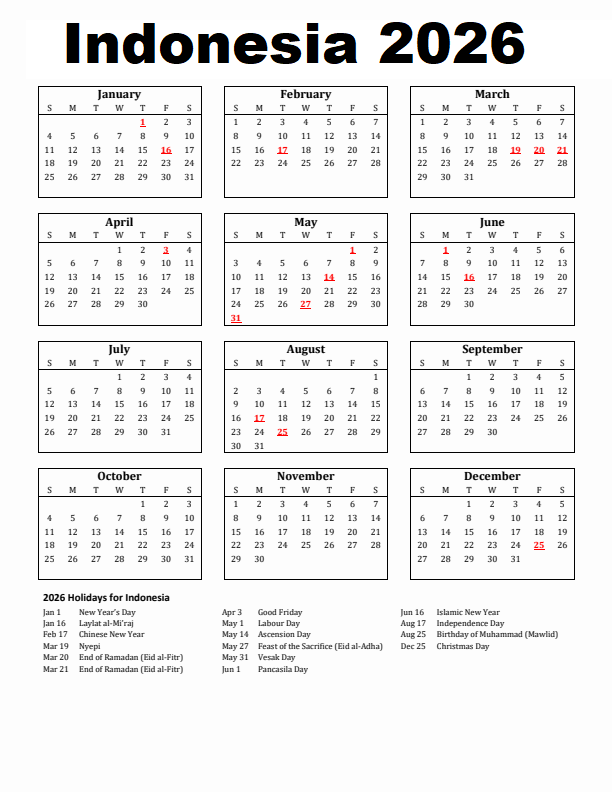 Indonesia 2026 Calendar Printable