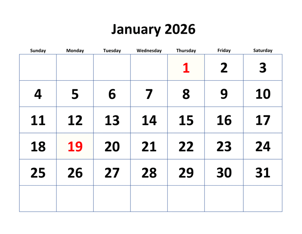 January 2026 Blank Calendar