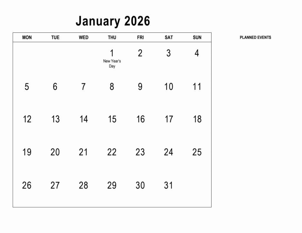 January 2026 Calendar Template