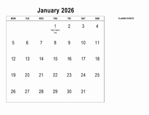 January 2026 Calendar Template