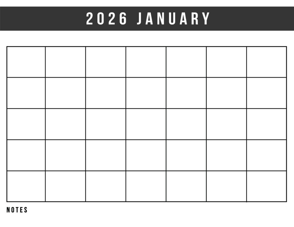 January Calendar 2026 with Notes
