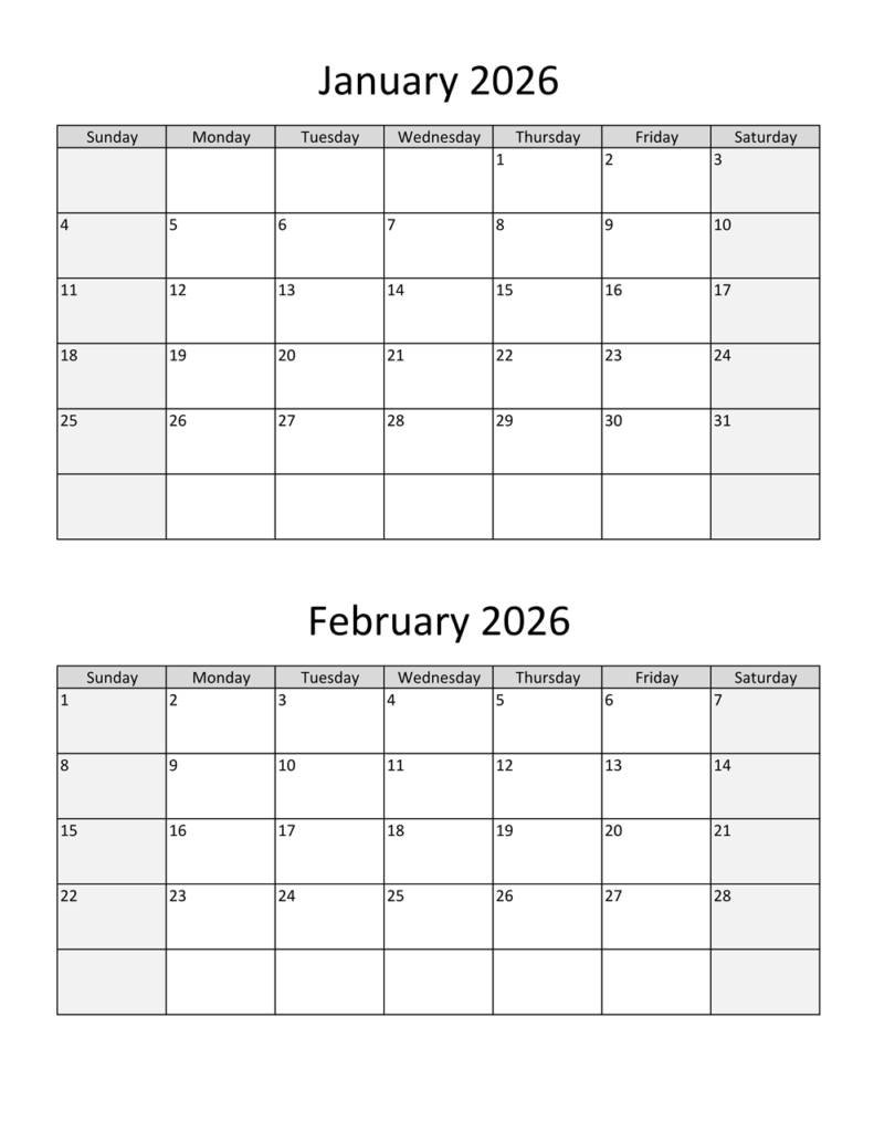 January & February 2026 Calendar