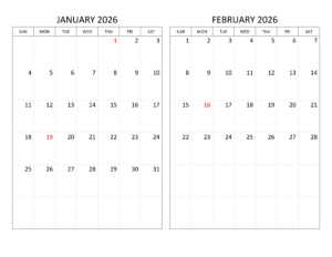January and February 2026 Calendar
