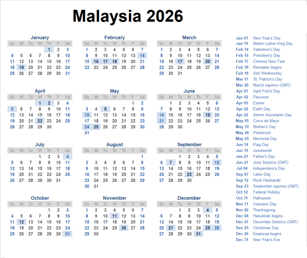 Malaysia 2026 Calendar Printable