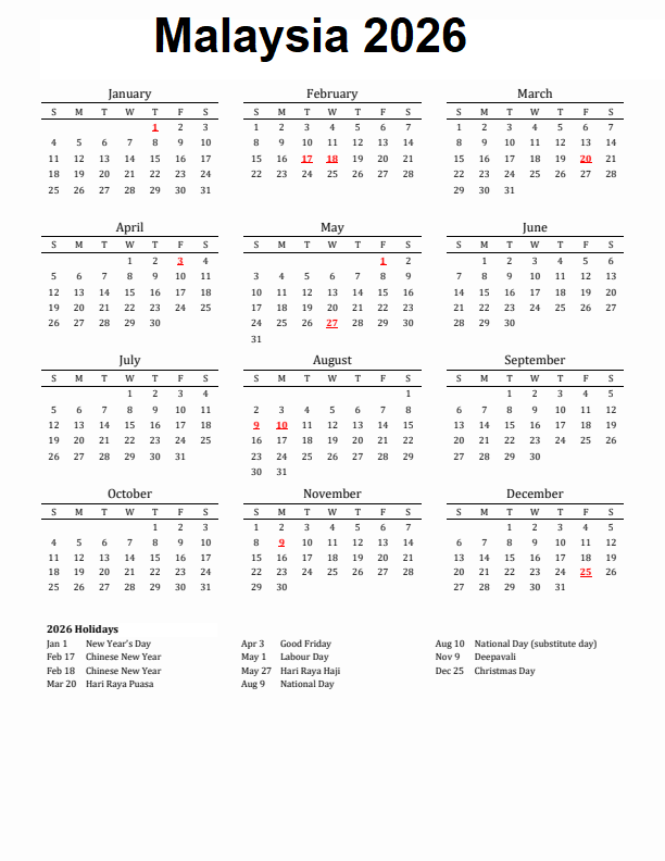 Malaysia 2026 Calendar