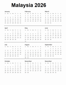 Malaysia 2026 Printable Calendar