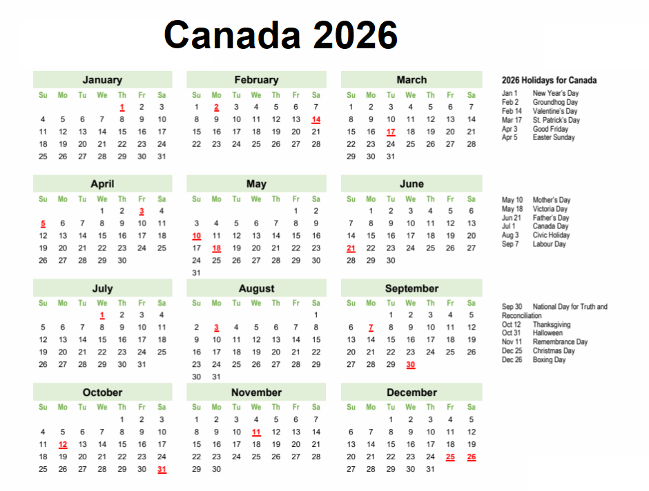 Printable Canada 2026 Calendar