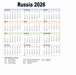 Russia 2026 Calendar
