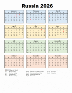 Russia Calendar 2026