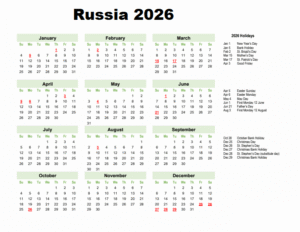 Russia Calendar 2026 with Holidays