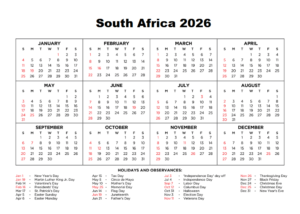 SA Calendar 2026