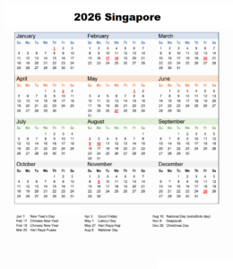 Singapore 2026 Calendar