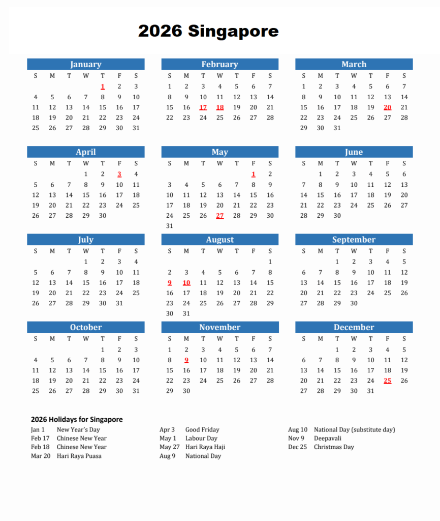 Singapore 2026 Calendar with Holidays