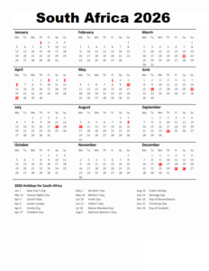 South Africa 2026 Calendar