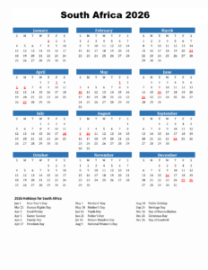 South Africa 2026 Calendar with Holidays