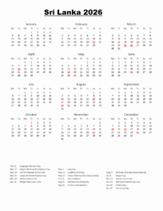 Sri Lanka 2026 Calendar