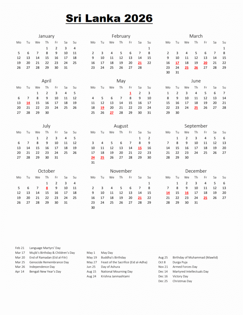 Sri Lanka 2026 Calendar
