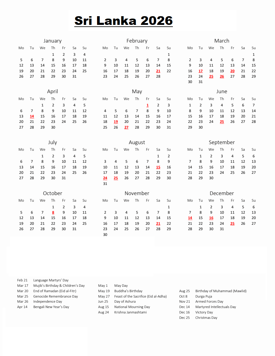 Sri Lanka 2026 Calendars