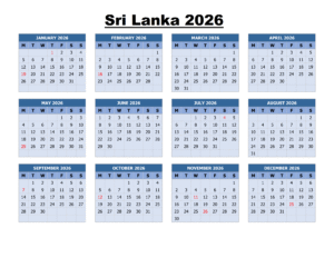 Sri Lanka Calendar 2026 Printable