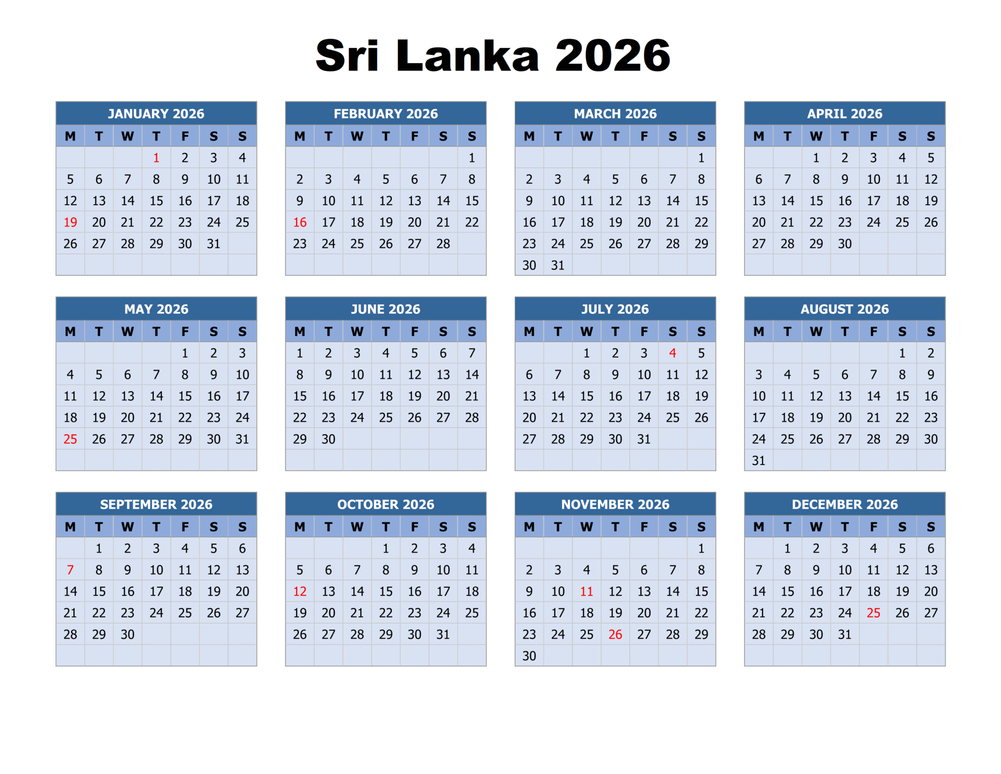 Printable Free Sri Lanka 2026 Calendar with Holidays [PDF]